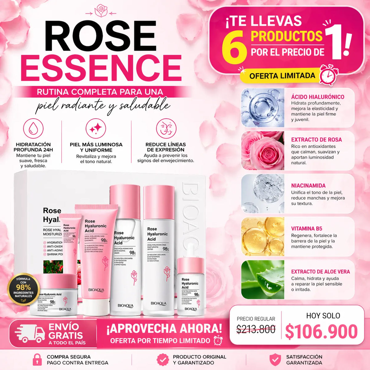 💖 Kit Rose Hyaluronic Acid 6 en 1 + Envío Gratis 🎁 El Regalo Perfecto