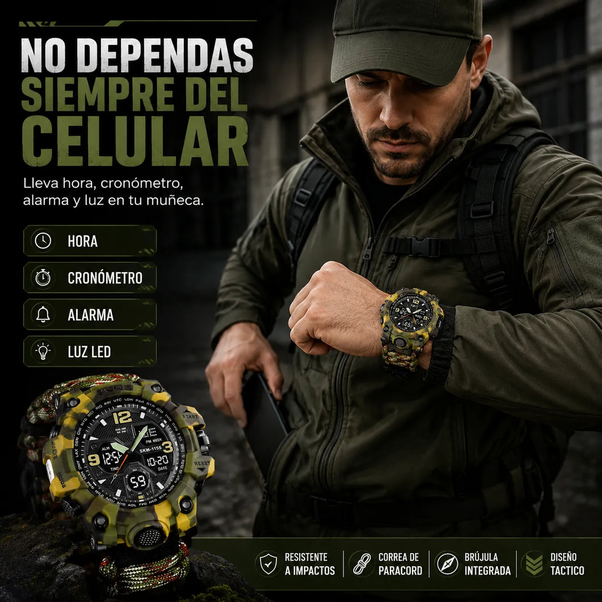 Reloj Táctico SKMEI 1155 Supervivencia ⌚🔥 | Envío Gratis 🚚