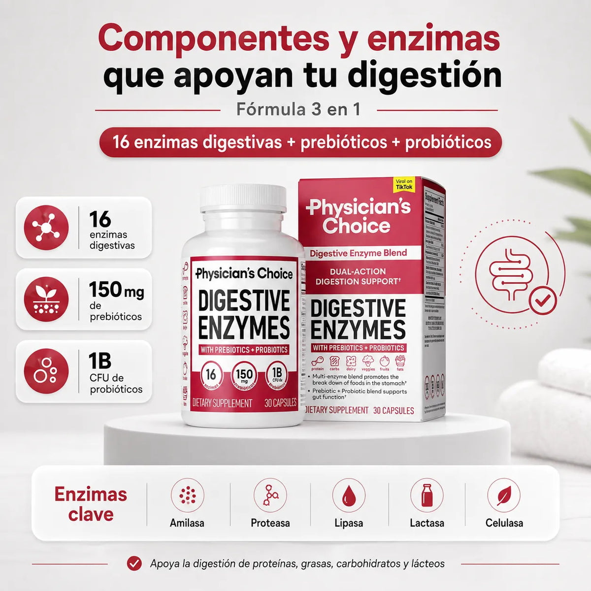 🔥 Digestión Ligera con Physician’s Choice™ 💊 | 16 Enzimas + Prebióticos y Probióticos 🚚 Envío Gratis