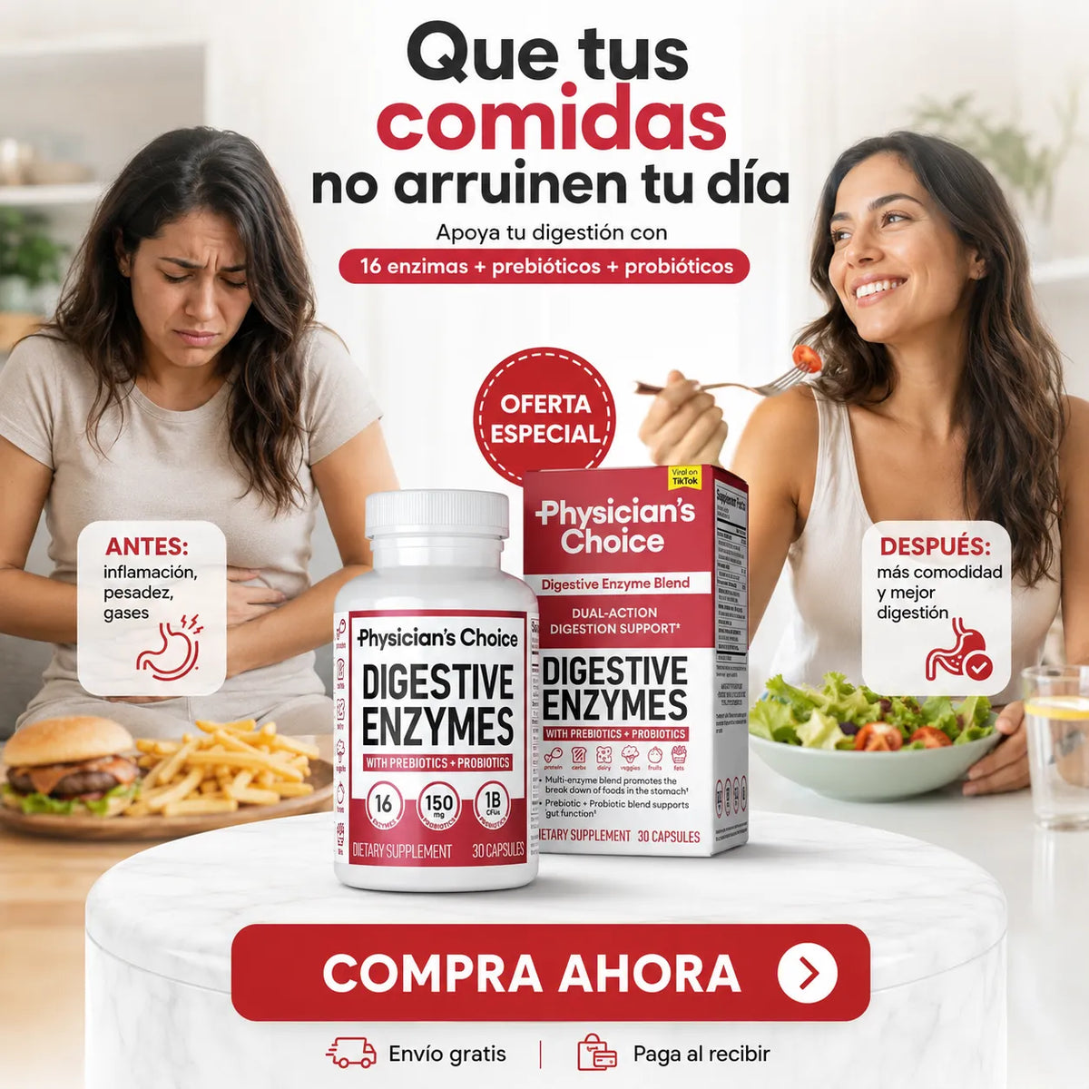 🔥 Digestión Ligera con Physician’s Choice™ 💊 | 16 Enzimas + Prebióticos y Probióticos 🚚 Envío Gratis