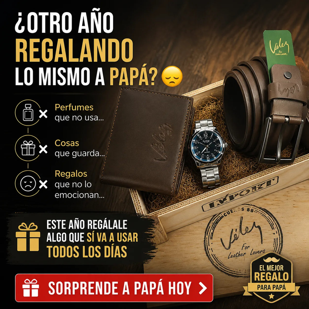 🎁 El Regalo Perfecto para Papá – Trio Vélez 3 en 1 (Reloj + Correa + Billetera + Caja) 💼