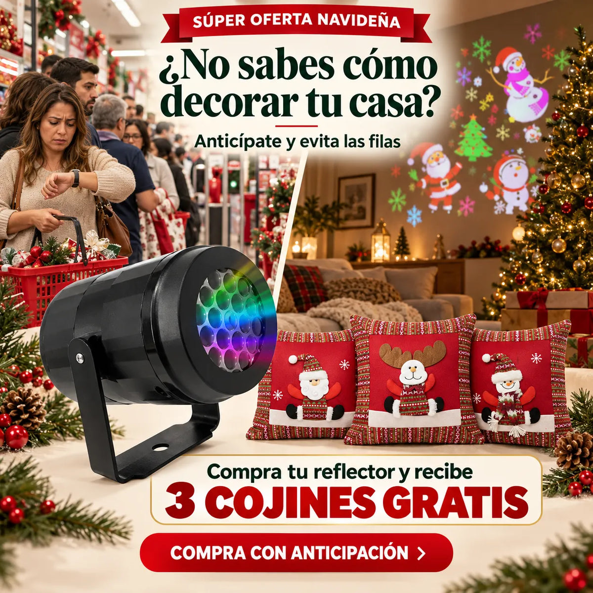 🎄✨ Proyector de Figuras Navideñas Multicolor + 🎁 3 Cojines GRATIS + 🚚 Envío GRATIS